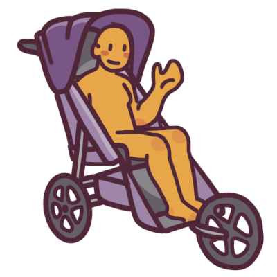 a person waving from a purple and grey adult stroller